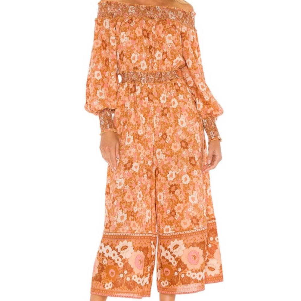 NWT Spell & The Gypsy Orange Floral Anne Jumpsuit in Peach 100% Cotton Size XS
